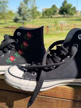 Converse Black High-Top Sneakers with Red Rose Embroidery